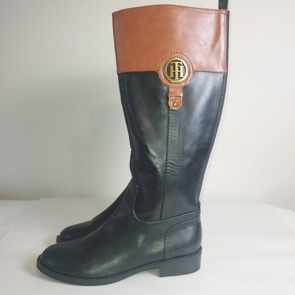 Tommy Hilfiger blk/brown faux leather almond toe knee high riding boot. - Picture 4 of 7